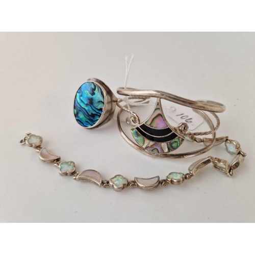 106 - A silver and abalone ring size P and bangle with multi stone moonstone bracelet 36 gms