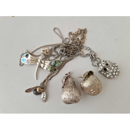 107 - A silver owl fly and butterfly necklaces together with silver apple and pear pendant 36 gms