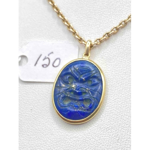 150 - Antique Lapis lazuli carved Polynesian/Oriental Warrior with reverse hieroglyphics on heavy loop lin... 