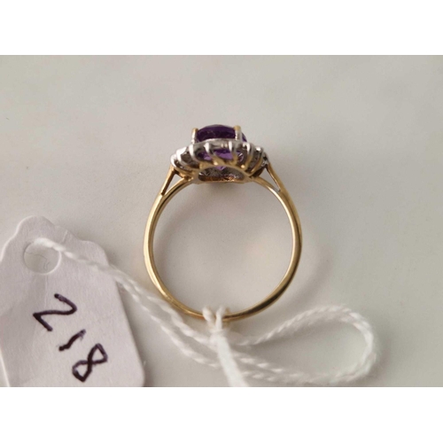 218 - A amethyst and diamond cluster ring 9ct size M 2.2 gms