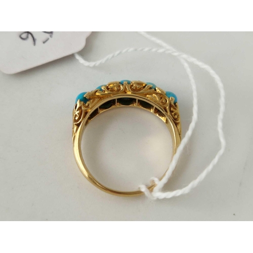 56 - A VICTORIAN CARVED SHANK TURQUOISE AND ROSE DIAMOND FIVE STONE RING18CT GOLD SIZE R 4.8 GMS BOXED