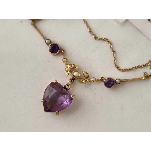 60 - A amethyst and pearl heart drop pendant necklace 9ct 18 inch