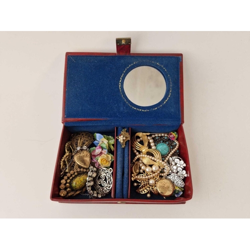 69 - A red leatherette bound box of old costume jewellery