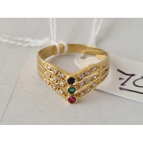 70 - A diamond and gem set 18ct gold chevron ring size N �  2g