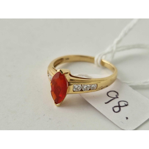 98 - A diamond and fire opal ring chipped stone 18ct gold size Q 3.4 gms