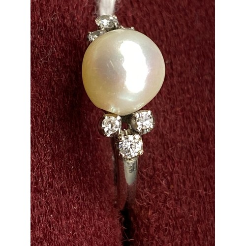 77 - A VINTAGE PEARL & DIAMOND 14ct white gold ring size K 2.5g inc