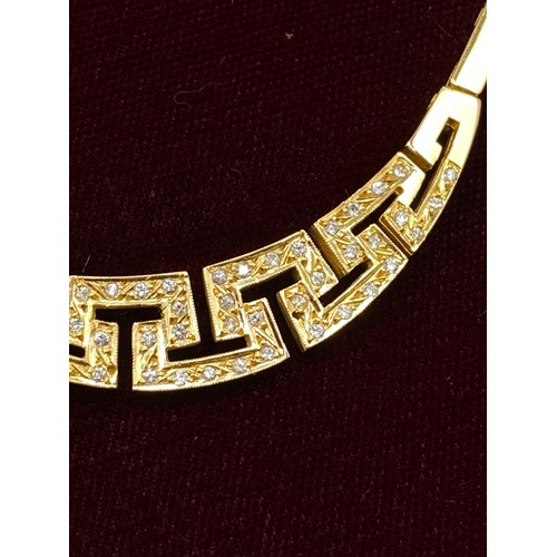 180 - A QUALITY GREEK DESIGN GOLD PANEL NECKLACE SET WITH 21 DIAMONDS 18 INCH 27 GMS BOXED