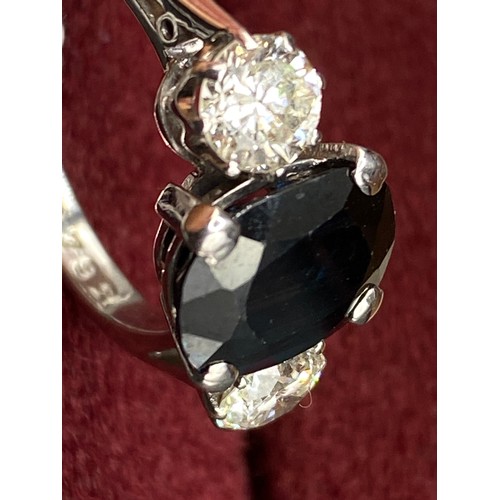 151 - A IMPRESSIVE DIAMOND AND SAPPHIRE THREE STONE RING 18CT WHITE GOLD SAPPHIRE 10MM X 8 MM TWO DIAMONDS... 