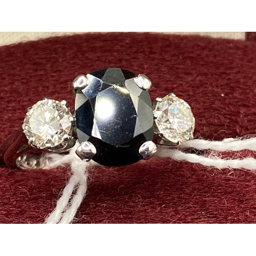 151 - A IMPRESSIVE DIAMOND AND SAPPHIRE THREE STONE RING 18CT WHITE GOLD SAPPHIRE 10MM X 8 MM TWO DIAMONDS... 