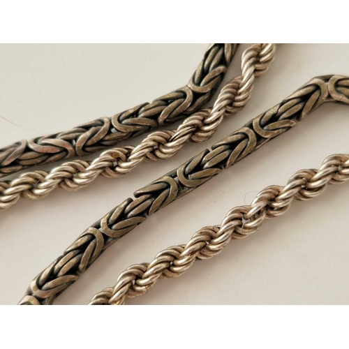 112 - A silver twist heavy chain, 14 inch and a fancy silver chain 15.5 inch, 66 g inc