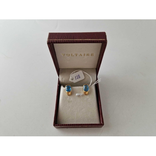 128 - A PAIR OF BLUE TOPAZ EARRINGS 18CT GOLD 10.8 GMS BOXED