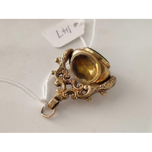 147 - A gilt three sided swivel fob blood stone citrine and onyx