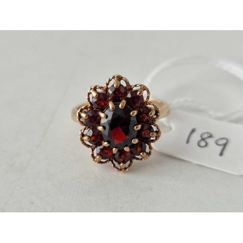 189 - A garnet cluster ring 9ct size O 3.9 gms