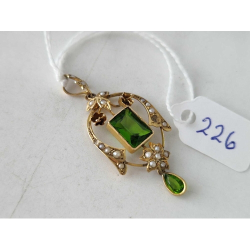 226 - A art nouveau green stone and pearl pendant 9ct 2.5 gms