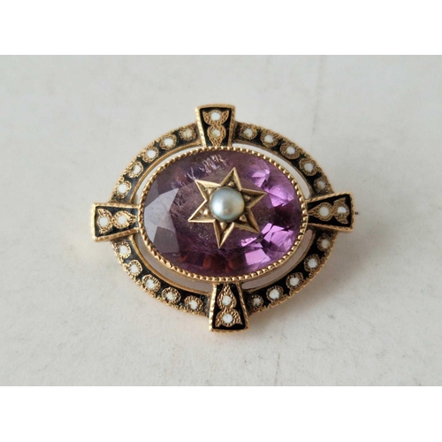 25 - A pair of amethyst brooches with black and white enamel 15ct gold 7.8 gms