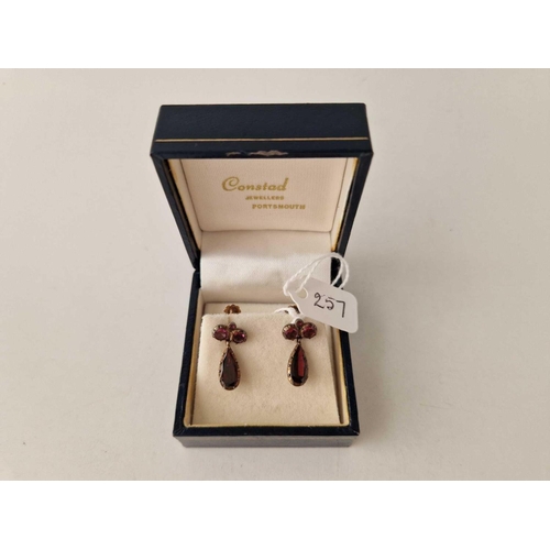 257 - A PAIR OF GEORGIAN GOLD FLAT CUT GARNET EARRINGS BOXED