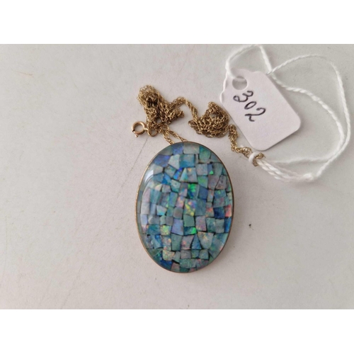 302 - A vintage mosaic opal triplet pendant 20 mm on neck chain 9ct 8.2 gms