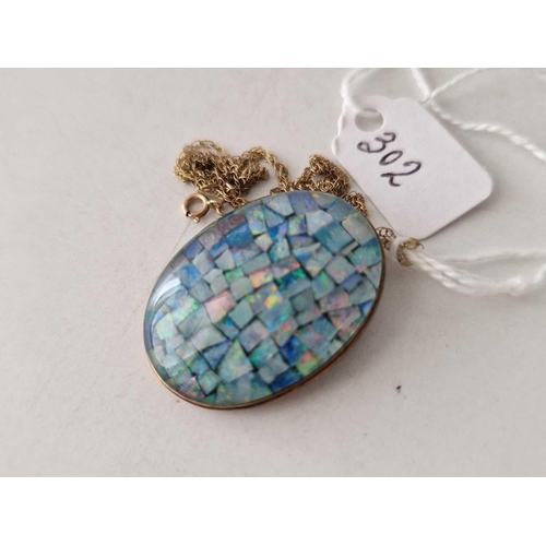 302 - A vintage mosaic opal triplet pendant 20 mm on neck chain 9ct 8.2 gms