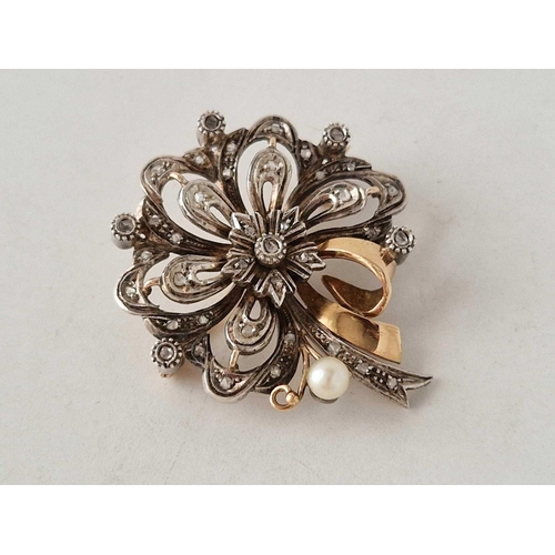 357 - A continental gold and silver set rose diamond and pearl brooch 11.7 gms boxed