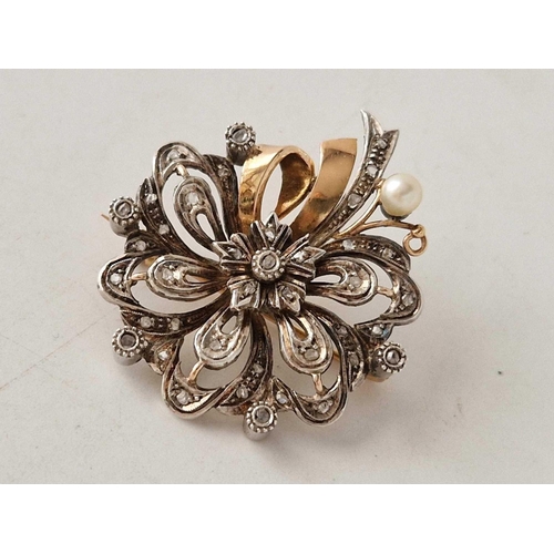 357 - A continental gold and silver set rose diamond and pearl brooch 11.7 gms boxed