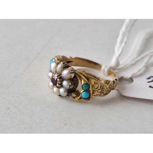 37 - A Victorian pretty gold ring set with half pearls turquoise and a central garnet size G 2.3 gms