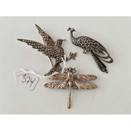 374 - Three silver marcasite animal brooches