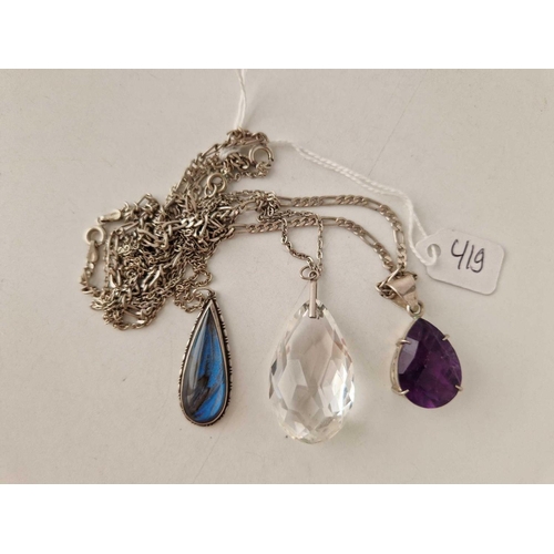 419 - Three large silver tear drop pendant necklaces