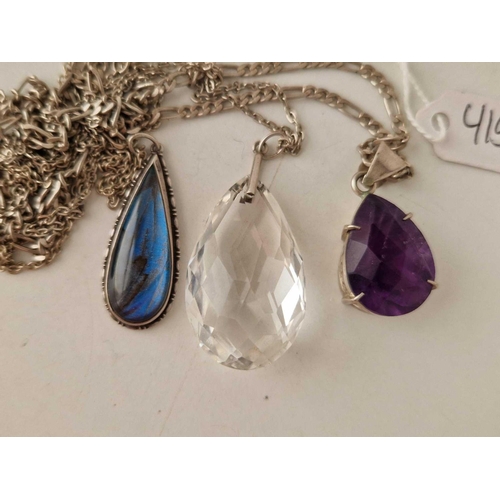 419 - Three large silver tear drop pendant necklaces