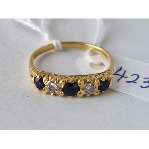 423 - A sapphire and diamond five stone ring 18ct gold size R 3.4 gms