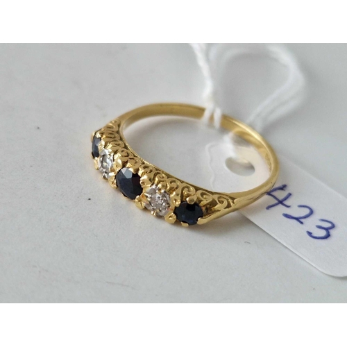 423 - A sapphire and diamond five stone ring 18ct gold size R 3.4 gms