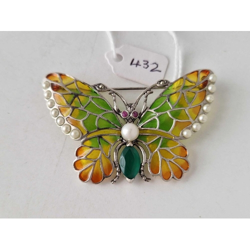 432 - A silver plique a jour butterfly brooch set with pearls and gem stones