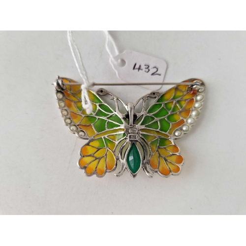 432 - A silver plique a jour butterfly brooch set with pearls and gem stones