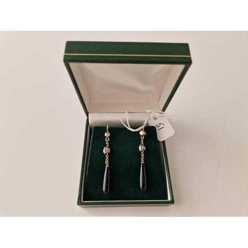 51 - A PAIR OF VICTORIAN GOLD AND DIAMOND AND ONYX DROP EARRINGS BOXED