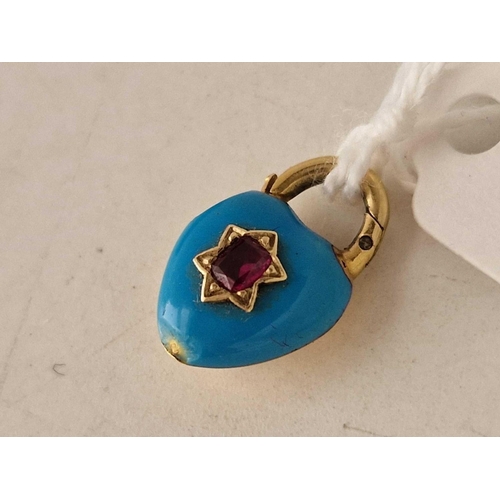 55 - A VICTORIAN HIGH CARAT BLUE ENAMEL AND RUBY SET PADLOCK WITH LOCKET BACK SOME CHIPS BOXED