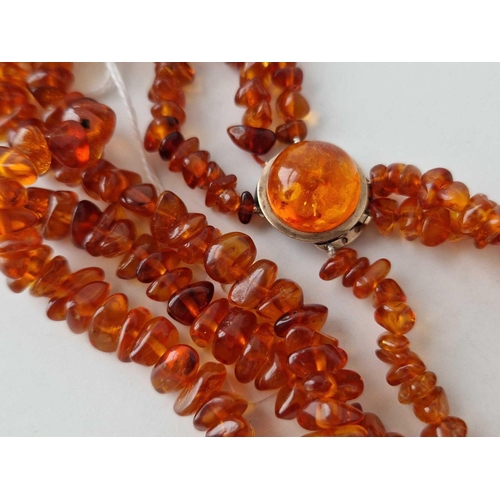 642 - An antique triple row amber choker/ necklace with gold and amber clasp, 13 inch, 35 g