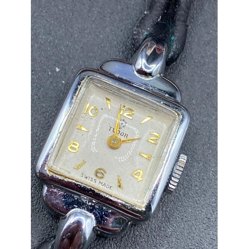 708 - A ladies square face Tudor wrist watch boxed