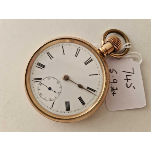 745 - A gents rolled gold pocket watch with seconds dial, W/O