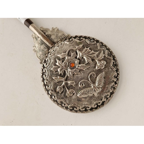 764 - Embossed Eastern Hand Mirror Hard Stone Handle 9� Long`