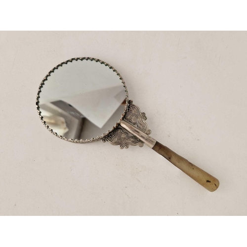 764 - Embossed Eastern Hand Mirror Hard Stone Handle 9� Long`