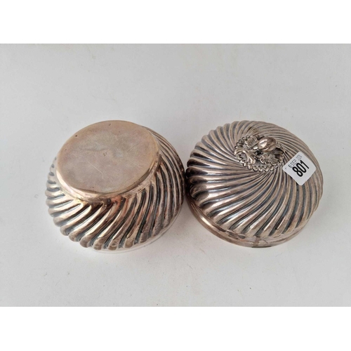 801 - A foreign silver (800 standard) bowl and cover, spirally twisted with melon finial, 420g