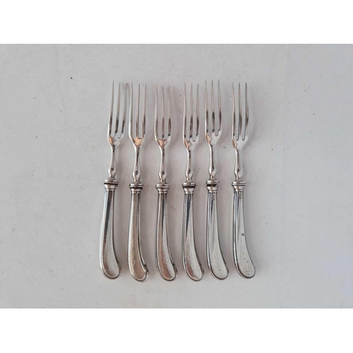 835 - A set of six silver handled two prong forks, Sheffield 1930?