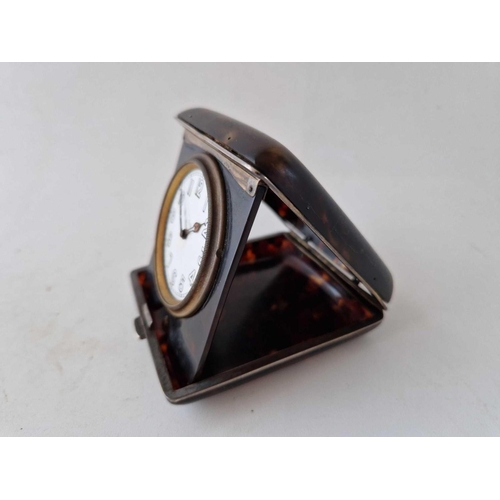 887 - A silver mounted tortoise shell 8 day travelling clock, London 1908