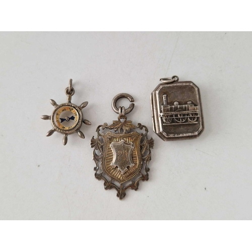 90 - A silver watch fob medallion locket and compass fob