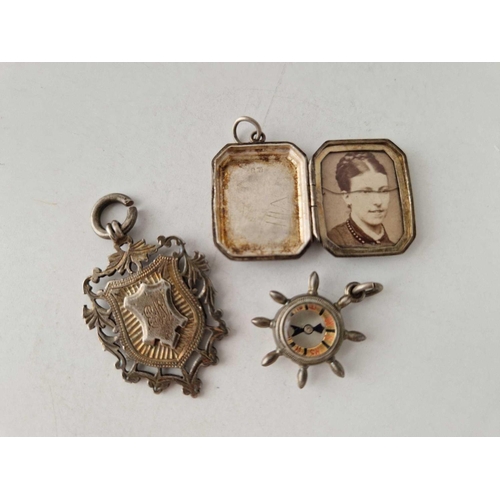 90 - A silver watch fob medallion locket and compass fob