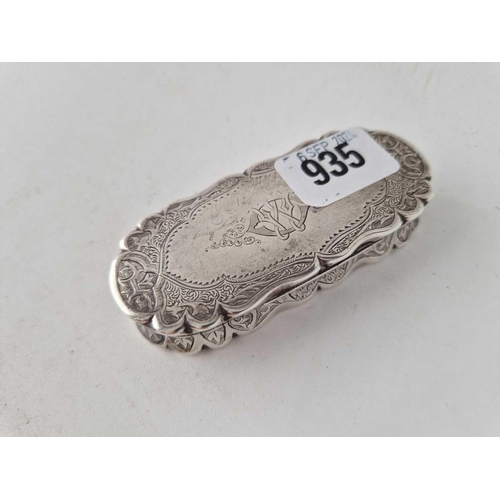 935 - A good Victorian shaped snuff box engraved with scrolls etc, 3.5 inches long, Birmingham 1873 by FM?... 