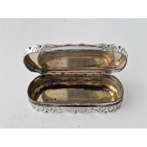 935 - A good Victorian shaped snuff box engraved with scrolls etc, 3.5 inches long, Birmingham 1873 by FM?... 