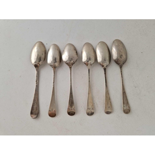 958 - Six 18th Century bottom marked tea spoons, 62 g