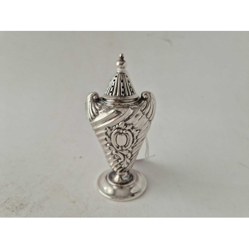 966 - An unusual urn shaped pepper caster on pedestal base, 3.5 inches high, Birmingham 1890, 38 g