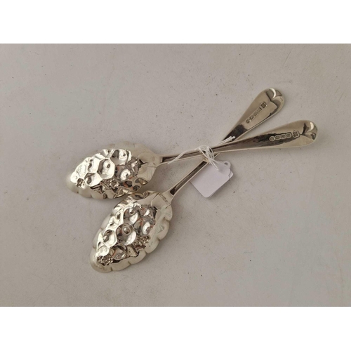 979 - A pair of Exeter silver berry spoons, decorated with fruit, 1869 g by JW & JW, 156 g