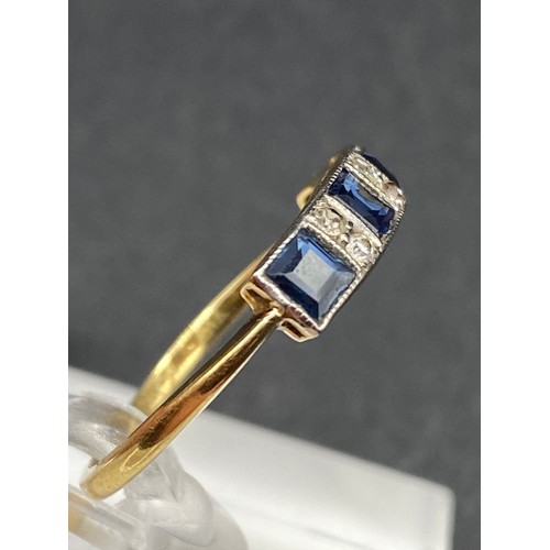 239 - Edwardian sapphire and diamond ring Square Cut Sapphires boarded by Full Cut Diamonds on 18ct Gold S... 